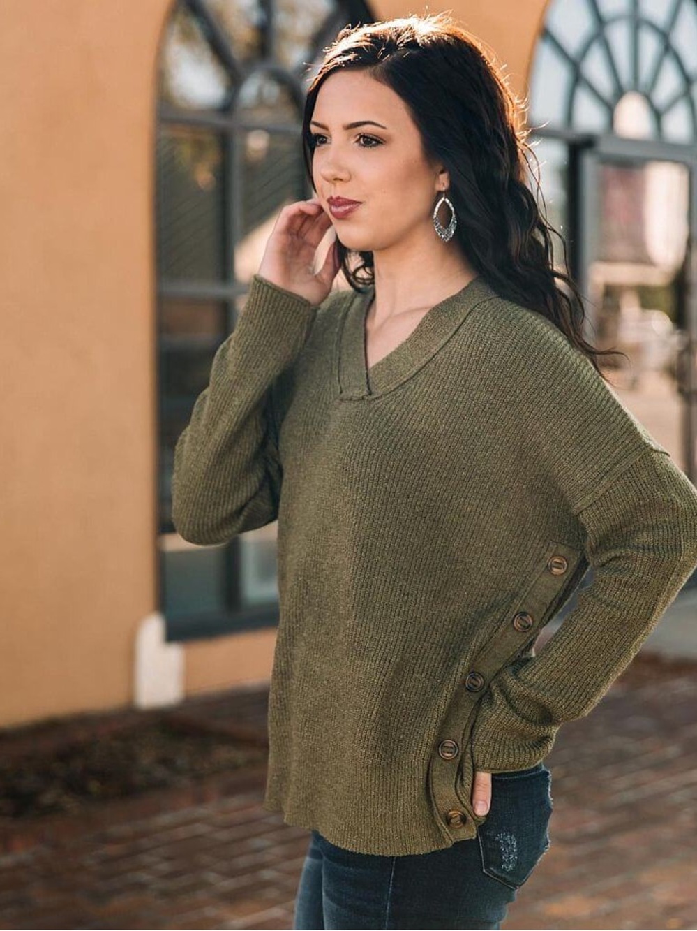 Blu Pepper Olive Green V-Neck Knit Sweater Side Button Detail Size L